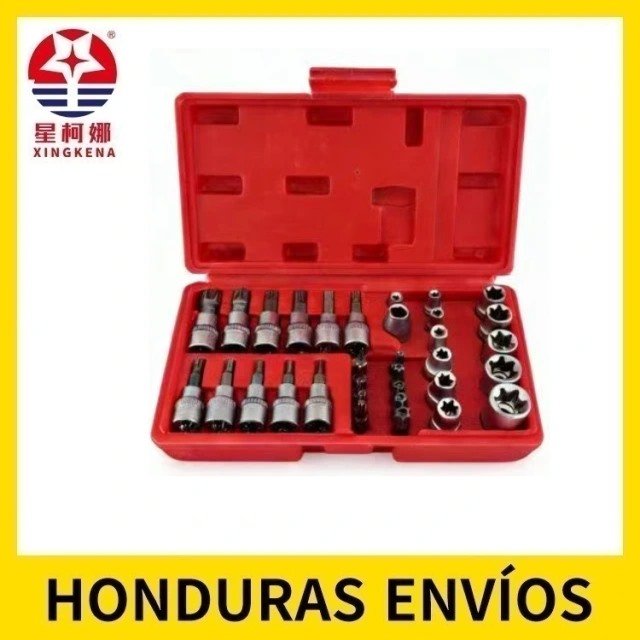 K289 34pcs Juego de puntas y vasos de estrella Torx -rojo